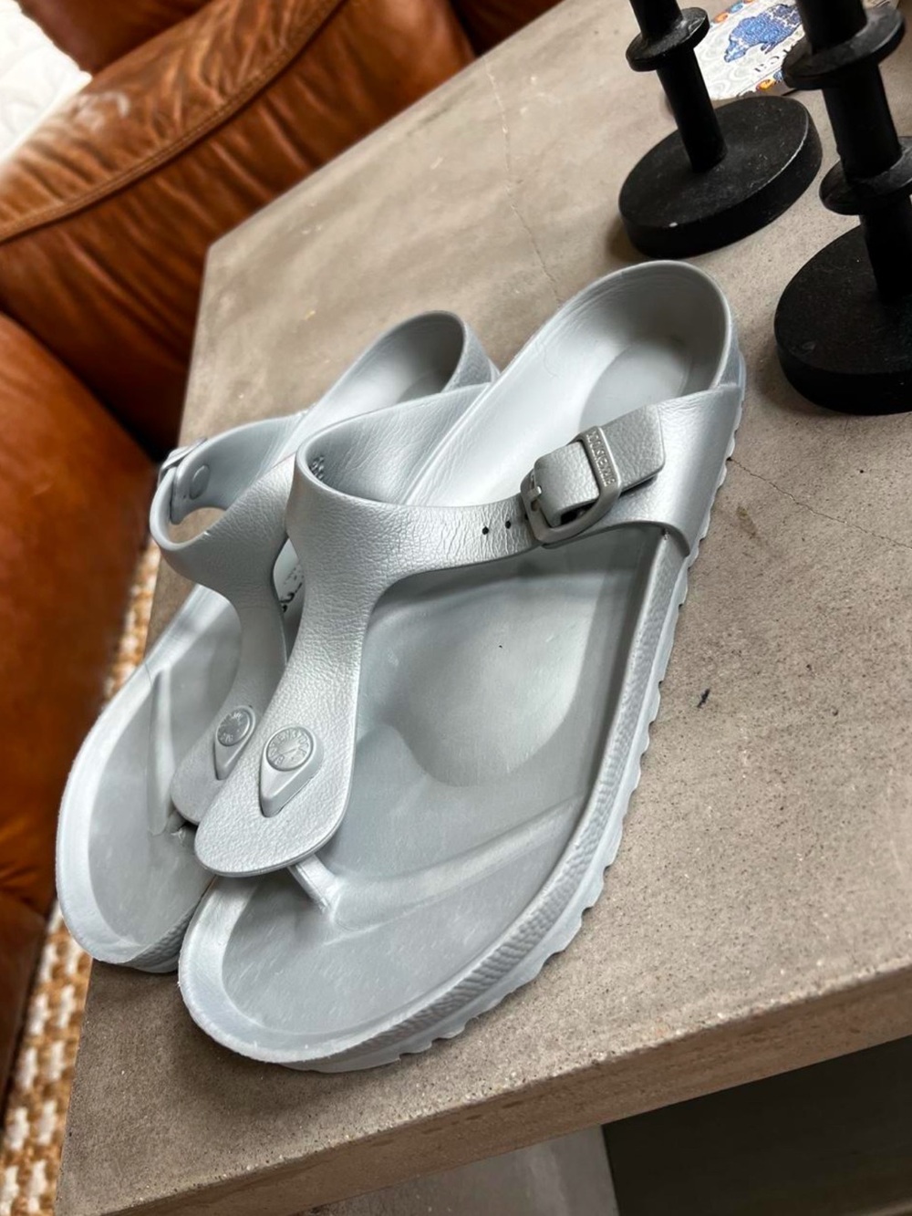 Birkenstock Light Gray Thong Sandals with Buckle